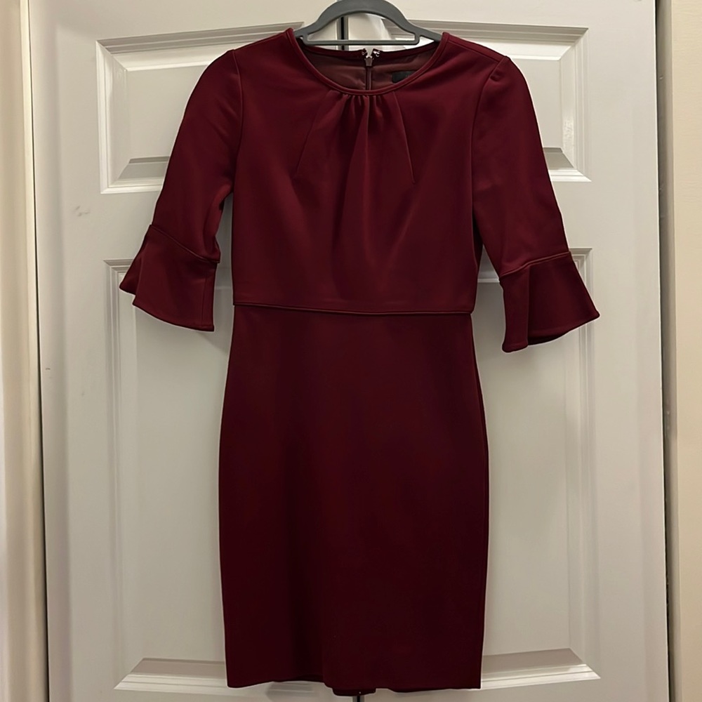 Deep red J Crew dress. Great for the office! Best for petites.